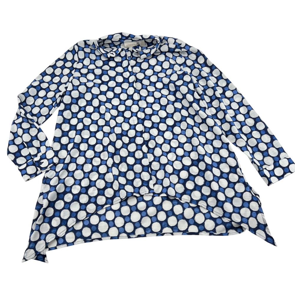 Chicos Polka Dot Blouse Blue White Button Down Sharkbite Hem Tunic Size Small